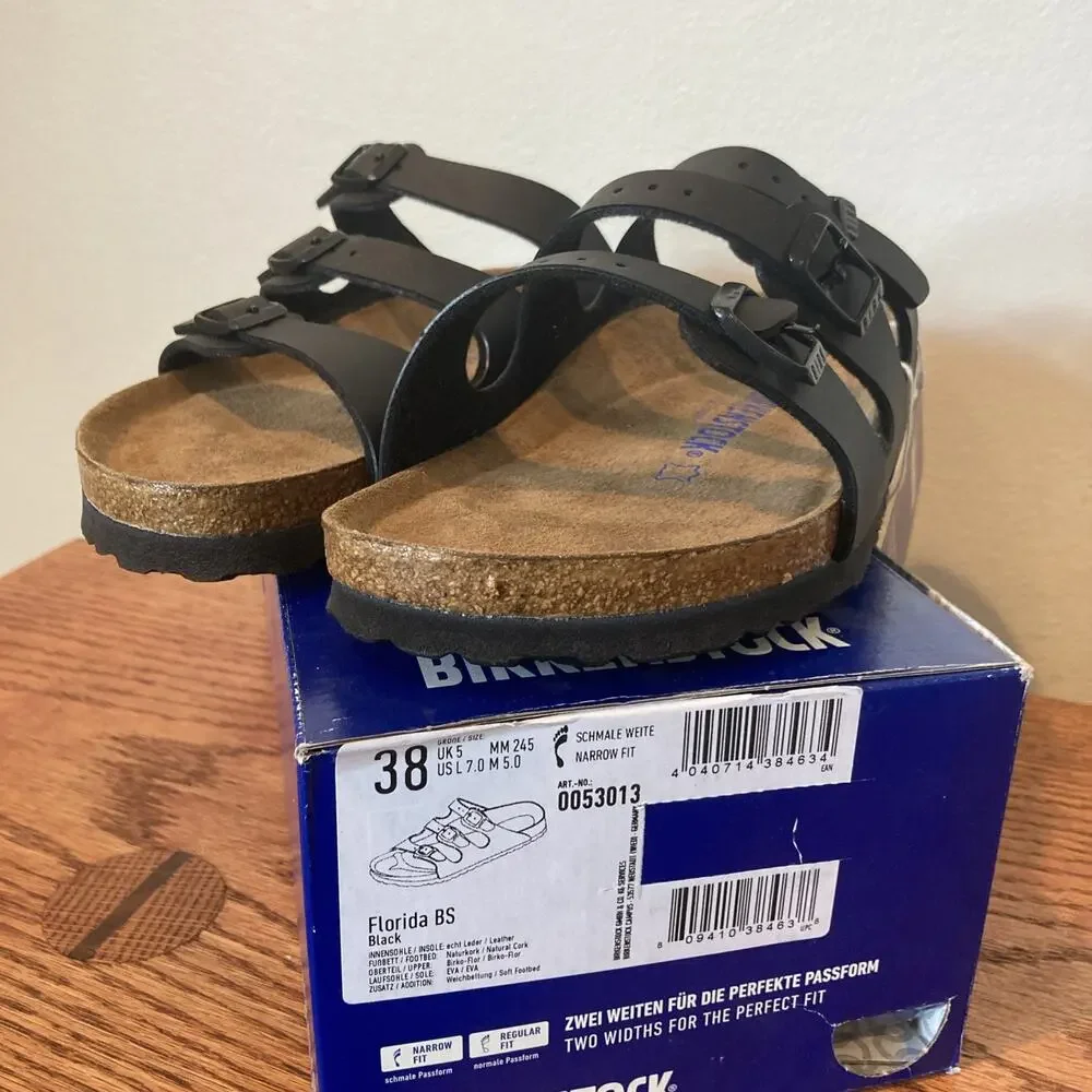 Size 7 Birkenstock Florida Soft Footbed Birko-Flor Leather Sandals Black Narrow